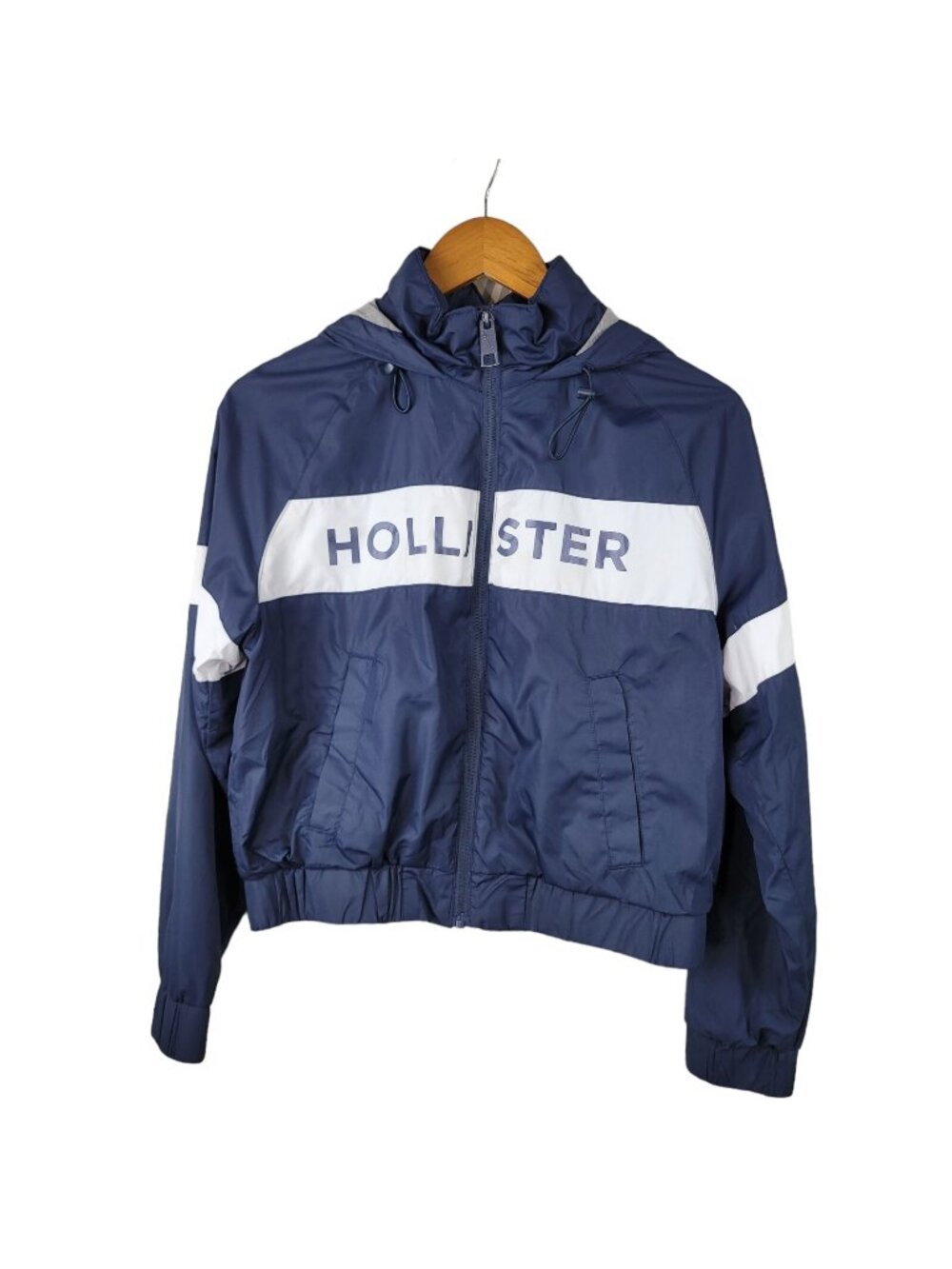 Hollister Hooded Windbreaker Jacket Size Small Crop Navy Blue Womens Spell out